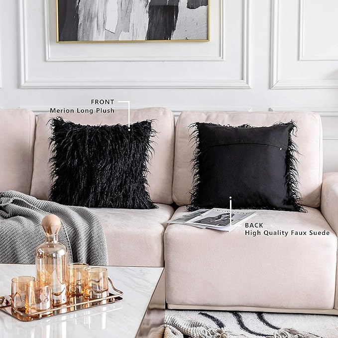 Home Brilliant Faux Fur Pillow Cover for Living Room Black Fall Throw Pillow Case Fuzzy Pillows Cushion Covers, 18 x 18 Inch, 45cm, Black