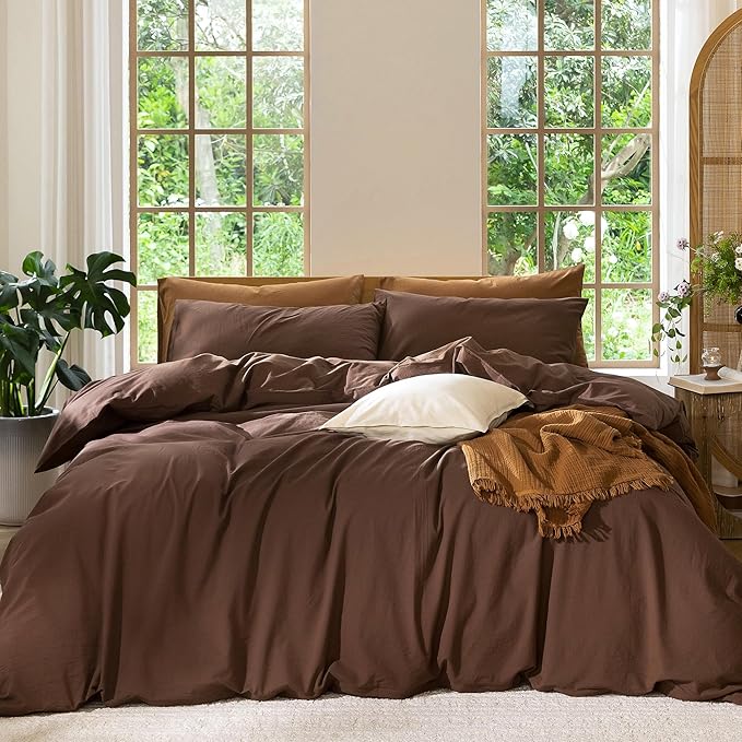 MooMee Bedding Duvet Cover Set 100% Washed Cotton Linen Like Textured Breathable Durable Soft Comfy (Solid Cocoa Brown, Cal King 104"x98")
