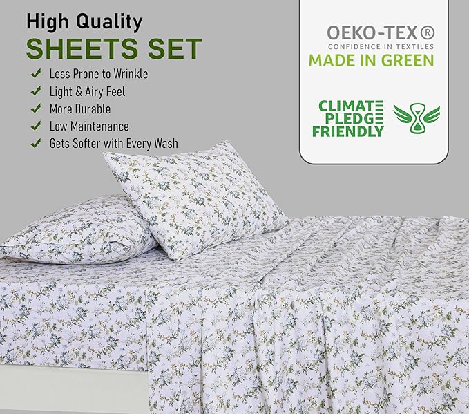RUVANTI 100% Cotton Twin XL Sheet Sets, 3 Pieces, Soft & Breathable Percale Weave Bedding, Deep Pocket 16", Hotel Standard, Crisp Cool Feel, Durable, Perfect Size Floral Sheets, Heritage