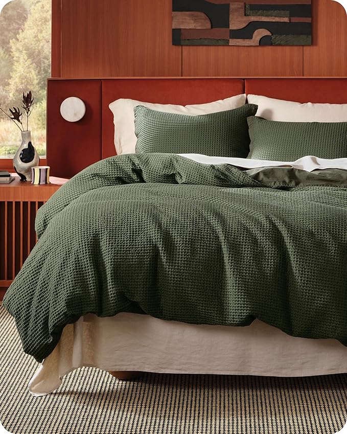 Bedsure Cotton Duvet Cover Queen - 100% Cotton Waffle Weave Olive Green Duvet Cover Queen Size, GentleSoft™ and Breathable Bedding Set for All Season, 3 Pieces, 90"x90"