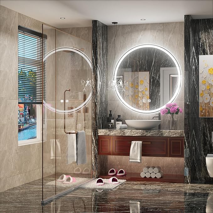 36 Inch Round LED Mirror for Bathroom, Front & Backlit Round Lighted Vanity Mirror for Wall, Adjustable Brightness, 6000K, Anti Fog, Touch, Memory