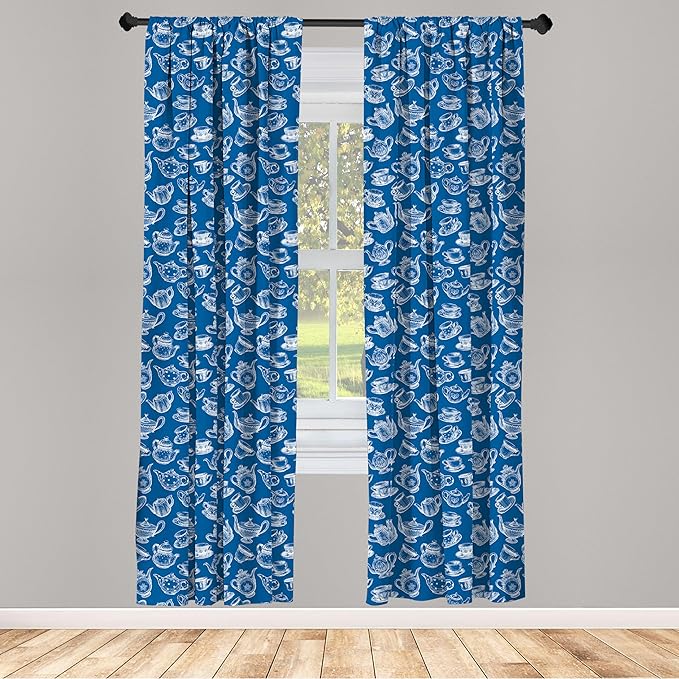 Ambesonne Teapot Window Curtains, Rhythmic Engraving Sketch Style Dotted Pots Tea Vintage Cups Pattern, Lightweight Decor 2-Panel Set with Rod Pocket, Pair of - 28" x 95", Cobalt Blue and White