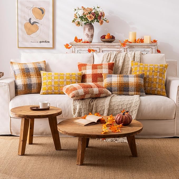 Orange Plaid Fall Throw Pillow Covers 24x24 Inch Set of 2, Boucle Decorative Pillow Covers,Cozy Fluffy Home Living Room Farmhouse Decor for Sofa Couch Bed