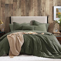 Geniospin Dark Olive Green Queen Comforter Set - 7 Pieces Comforter Queen Size, Solid Bedding Set for All Season, Textured Bed in a Bag with Sheets