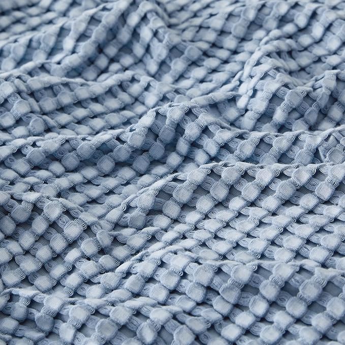 Bedsure Cooling Cotton Waffle Full Size Blanket - Lightweight Breathable Blanket of Rayon Derived from Bamboo for Hot Sleepers, Luxury Throws for Bed, Couch and Sofa, Fog Blue, 80x90 Inches