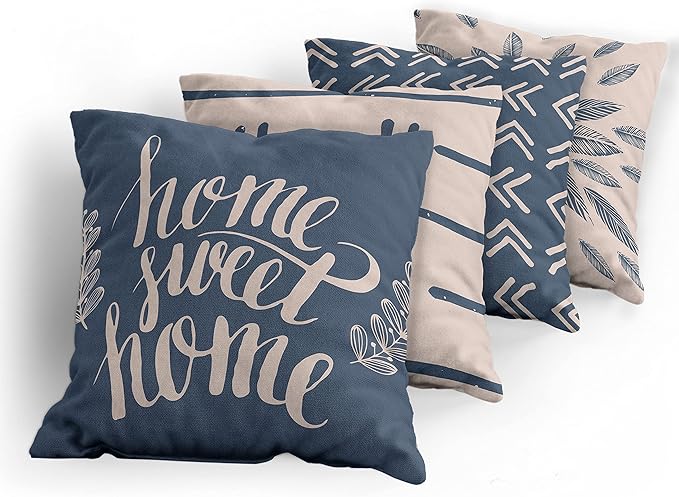 Ambesonne Modern Throw Pillow Cushion Case Pack of 4, Scandinavian Minimal Ornaments Boho Feather Leaves and Home Phrase, Modern Accent Double-Sided Digital Printing, 16", Pale Tan and Slate Blue