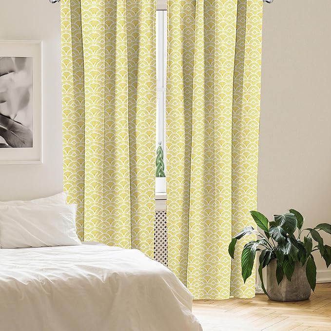 Ambesonne Abstract Window Curtains, Hand Drawn Vintage Half Circles Sun Themed Bohemian Ornamental Vibrant Pattern, Lightweight Decor 2-Panel Set with Rod Pocket, Pair of - 28" x 84", White and Yellow