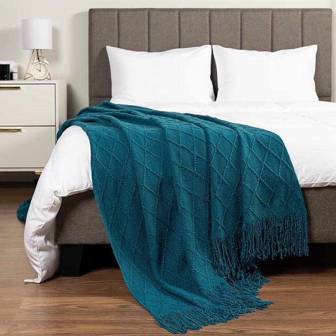 PAVILIA Teal Blue Knit Throw Blanket for Couch Bed, Soft Knitted Farmhouse Sofa Throw for Living Room, Lightweight Decorative Summer Throw Blanket for Chair, Outdoor Textured Boho Blanket, 50x60