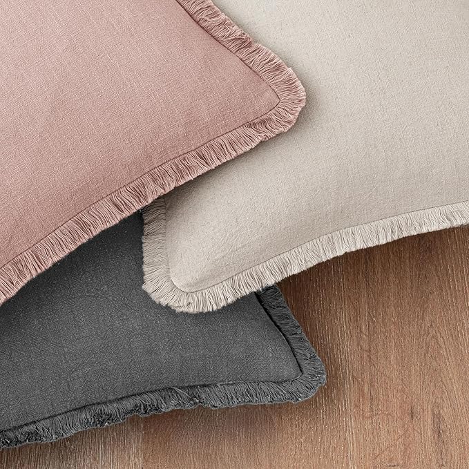 Woaboy Set of 2 Decorative Linen Fringe Throw Pillow Covers Boho Farmhouse Cushion Covers Accent Pillowcases with Tassels for Living Room Couch Sofa Bed Chair,18x18 Inch,Light Pink