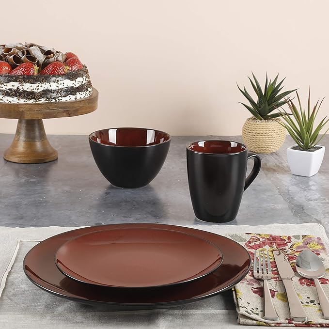 Gibson Elite Soho Lounge Round Reactive Glaze Stoneware Dinnerware Set, Service for Four (16pcs), Red