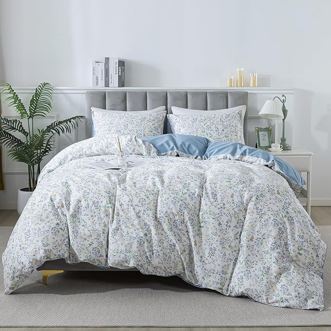 HoneiLife Cotton Duvet Cover Queen - Floral Comforter Cover 3-PC, Soft Flower Bedding Duvet Cover Sets with Zipper Closure & Corner Ties, Wildflower Bedlinen Sets for All Season Use