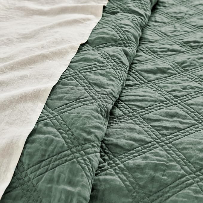 Levtex Home - 100% Linen Front/100% Cotton Back - Full/Queen Quilt - Washed Linen - Green Forest - Quilt Size (88 x 92in.)
