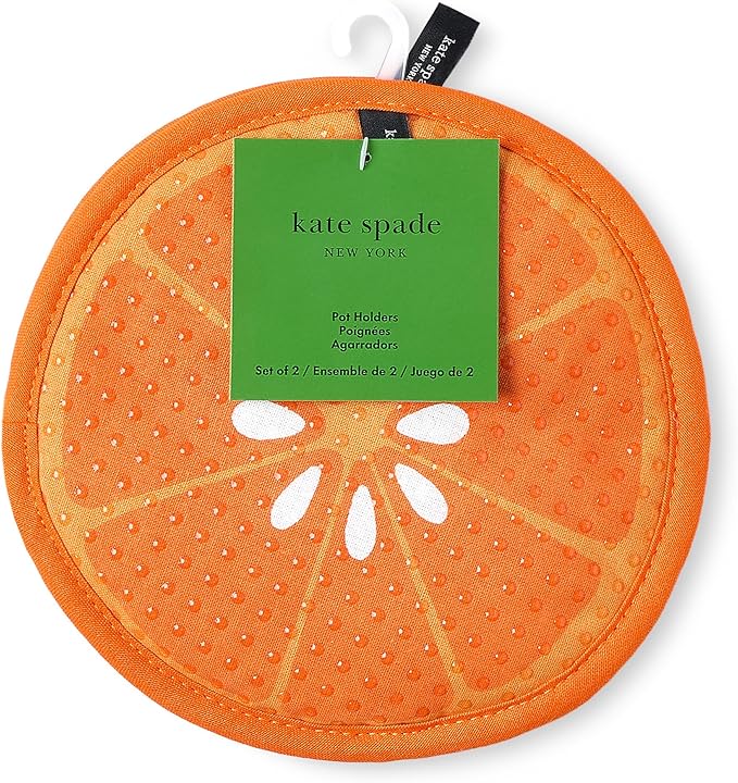 kate spade new york Squeeze The Day and Spring Gingham Pot Holder 2-Pack Set, Heat Resistant, 100% Cotton, Orange, 8"