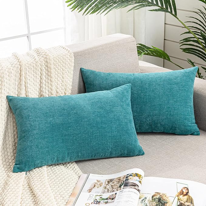 GAWAMAY Decorative Rectangle Throw Pillow Covers 12"x20" Inch Set of 2, Soft Chenille Lumbar Support Pillow Fall Pillowcase for Living Room Bedroom Sofa Couch Cushion Cover Teal 30x50cm (NO Inserts)
