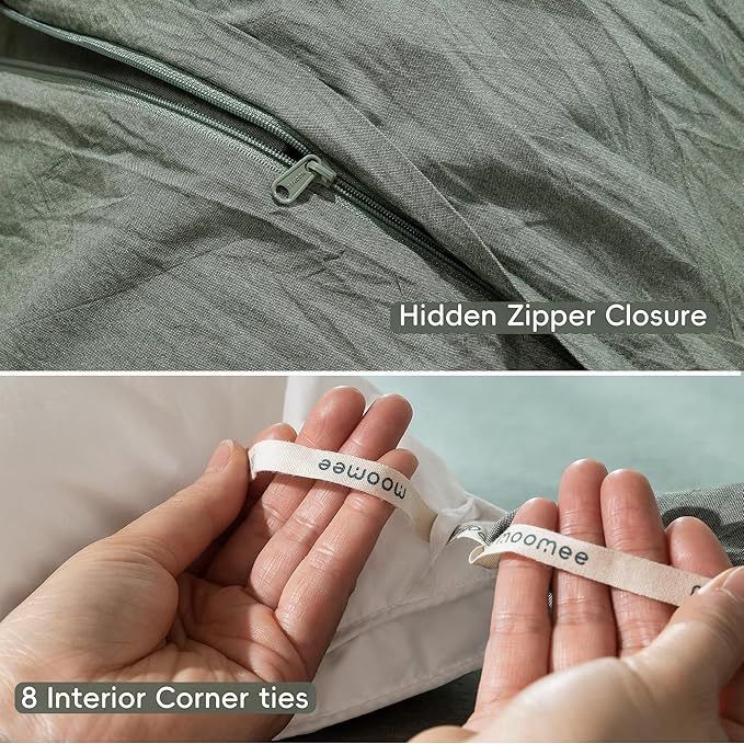 MooMee Bedding Duvet Cover Set 100% Washed Cotton Linen Like Textured Breathable Durable Soft Comfy (Heathered Green, Twin 68"x90")