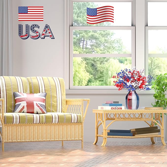4th of July Red White and Blue Decorations Flowers 6 Bundle Artificial Babys Breath Fake Silk Patriotic Flowers for Independence Day Americana Home Decor Floral Indoor Arrangement Table Centerpieces