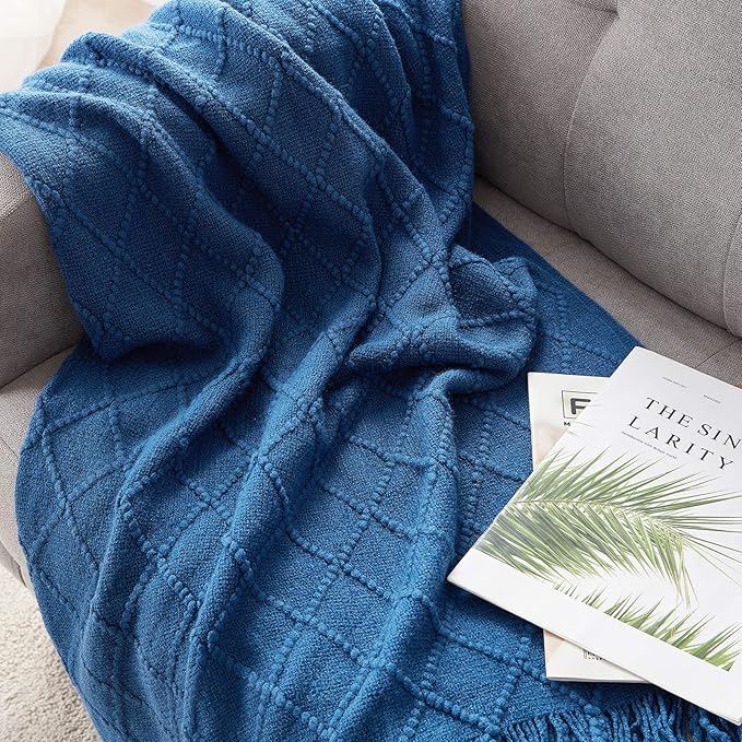 BOURINA Royal Blue Throw Blanket 50x60 Inches Throw Textured Solid Soft Sofa Couch Decorative Knit Blanket