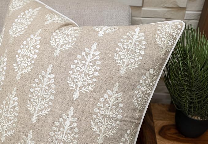 Chandni Paiseley Embroiderd Decorative Square Accent Throw Pillow Cover - Sofa, Chair, Couch, Bedroom, Living Room, Farmhouse Home Decor - 20x20 Inches-Natural