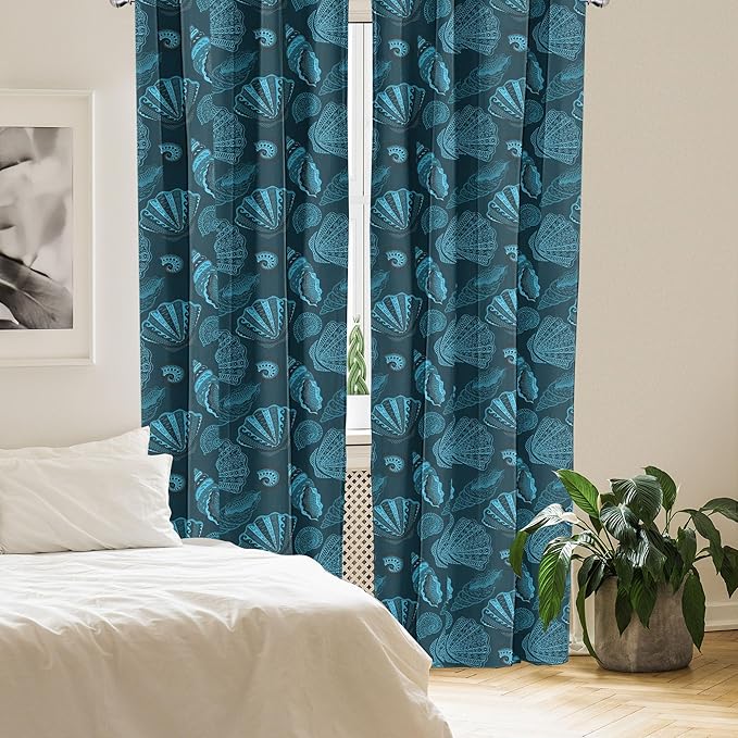 Ambesonne Scallop Window Curtains, Repetitive Seashell Aquatic Underwater Sea Creatures Pattern, Lightweight Decor 2-Panel Set with Rod Pocket, Pair of - 28" x 84", Blue Petrol