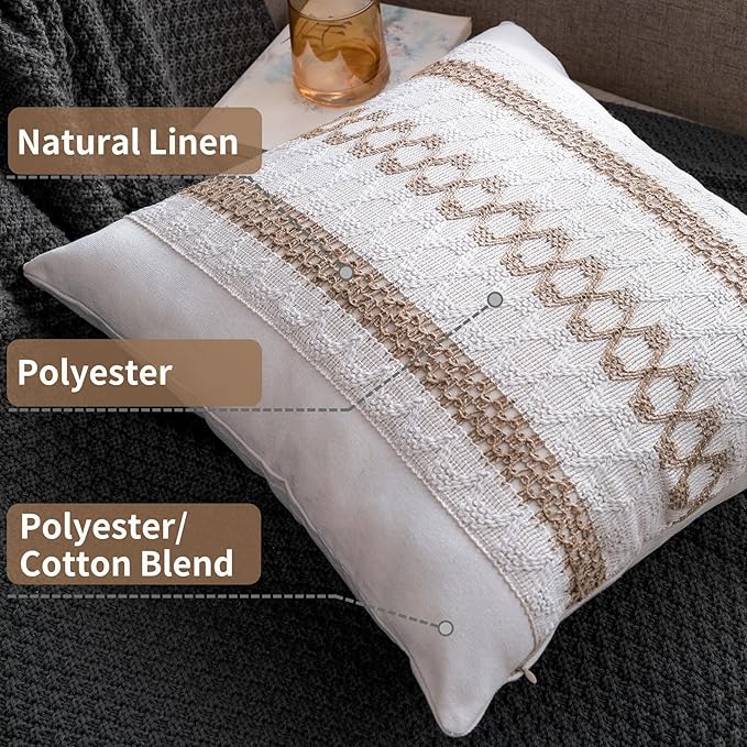Boho Throw Pillow Covers 18x18 Set of 2 Soft Linen Farmhouse Pillow Covers Rustic Neutral Decorative Pillow Cases for Couch,Bed,Living Room Home Decor