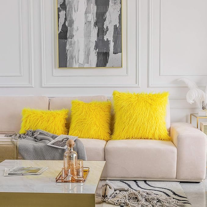 Home Brilliant Yellow Fur Spring Pillow Covers Furry Fuzzy Accent Throw Pillow Covers Decorative for Couch Sofa Bed Holiday Fall Winter Decoration Girl Gift, Set of 2 (18 x 18 Inch, Yellow)