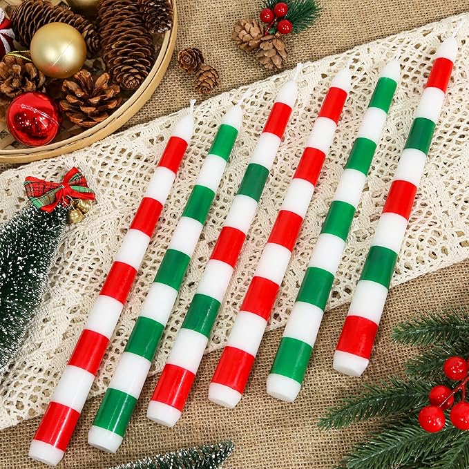 2 Pack Christmas Taper Candles, 10 Inch Unscented Candlesticks with Red Stripe Design for Holiday Table Centerpiece, Fireplace Mantel, Winter Weddings, Advent Wreaths, Seasonal Home Decor