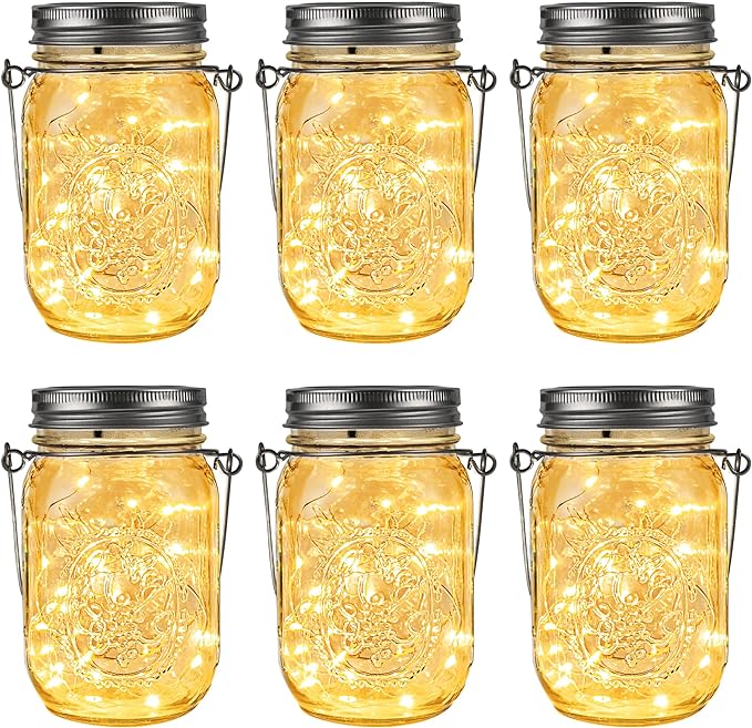 GIGALUMI Hanging Mason Jar Solar Lights, 6 Pack 30 Led Tinplate Lids Hanging Solar Lanterns Outdoor Waterproof, Hangers and Jars Included, Outdoor Decor for Balcony, Garden, Patio, Yard, Wedding