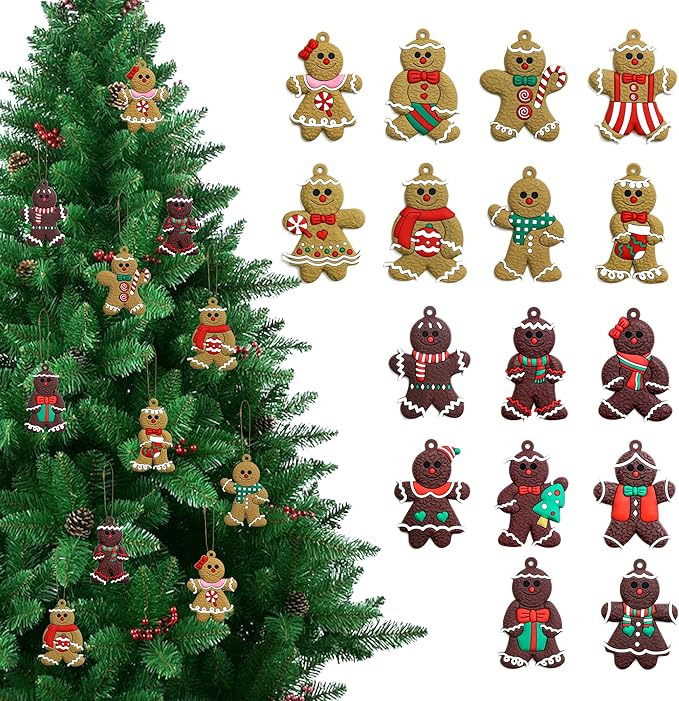 Christmas Decorations - 16-Piece Gingerbread Man Ornaments for Christmas Tree Set with Gift Box, 3 Inch Assorted Hanging Decor for Christmas Tree, Indoor Home, Office & Holiday Party Decoration