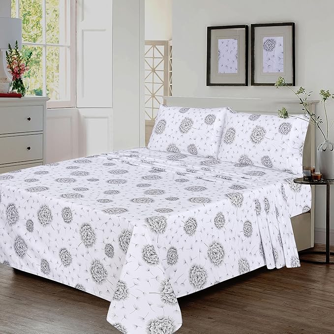 RUVANTI 100% Cotton Split King Sheets Sets for Adjustable Bed, 5 PCs, Soft & Breathable Percale Weave Bedding, Deep Pocket 16", Hotel Standard, Crisp Cool Feel & Durable, Floral Sheet, Dandelion