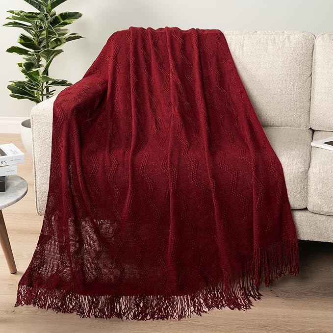 PAVILIA Maroon Red Knit Throw Blanket for Couch Bed, Soft Knitted Farmhouse Sofa Throw for Living Room, Lightweight Decorative Fall Throw Blanket for Chair, Outdoor Textured Boho Blanket, 50x60