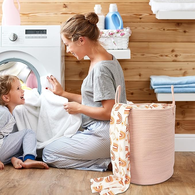 Cotton Rope Laundry Basket Hamper for Clothes Woven Storage Basket for Living Room Bedroom Boho Tall Rope Baskets for Blanket Toys Pillow Towels Baby Nursery Hamper Bin coral pink