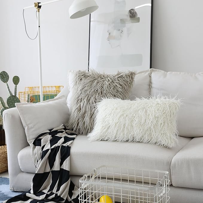 Home Brilliant Gray Pillow Covers Set of 2 Decorative Throw Pillow Covers Case Faux Fur Large Cushion Cover for Bench 24 x 24 Inch, 60x60cm, Light Grey