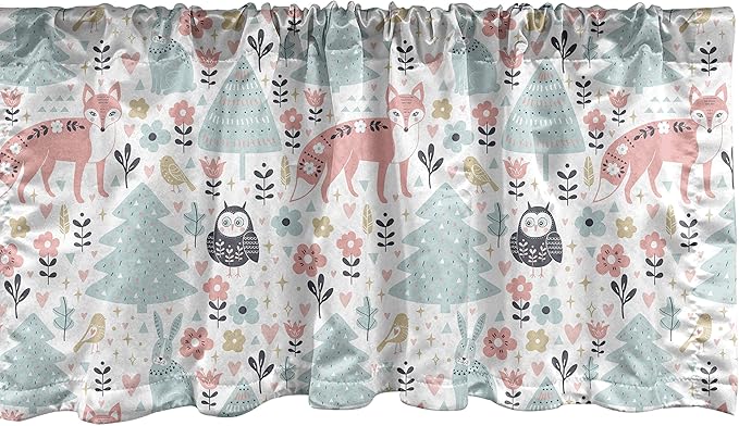 Lunarable Scandinavian Window Valance, Owls and Fox Print in Nordic Cartoon Style, Curtain Valance for Kitchen Bedroom Decor with Rod Pocket, 54" X 12", Coral Pale Blue White