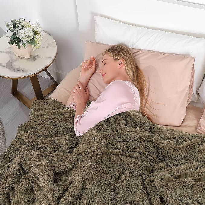Tuddrom Decorative Extra Soft Faux Fur Throw Blanket 70"x78",Solid Reversible Fuzzy Lightweight Long Hair Shaggy Blanket,Fluffy Cozy Plush Fleece Comfy Microfiber Blanket for Couch Sofa Bed,Brown