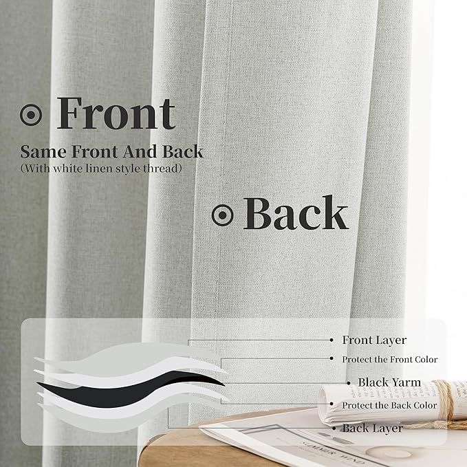 Greyish White 100% Blackout Linen Curtains for Living Room 2 Panels Set, Loop Pocket Back Tab Neutral Light Gray Tones Linen Textured Curtains for Hall Large Windows 9 FT,52Wx108L, Greyish White