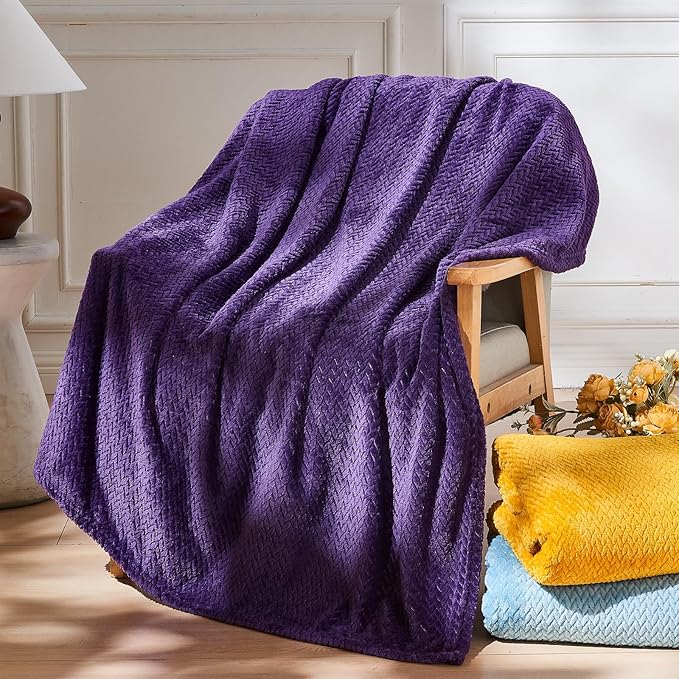 NEWCOSPLAY Super Soft Throw Blanket Dark Purple Premium Silky Flannel Fleece Leaves Pattern Lightweight Bed Blanket All Season Use (Dark Purple, Throw(50"x60"))