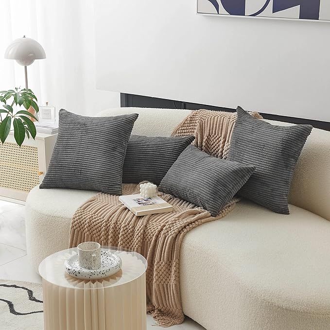 Home Brilliant 20x20 Striped Corduroy Pillow Cover Gray Square Soft Throw Pillow Cover Plush Velvet Pillowcase for Sofa Chair Bed, 20 x 20 inch (50cm), Dark Grey