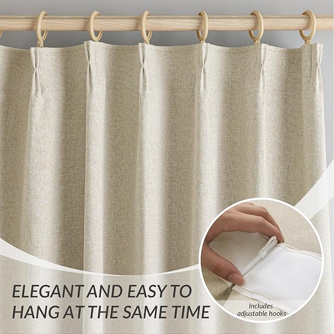 KangBang Pinch Pleat Blackout Linen Curtains 102 Inches Long, Pleated Linen Drapes 2 Panels Set for Living Room Dining with Hooks, Soft Elegant Window Treatments with Hooks,42Wx102L, Natural Beige