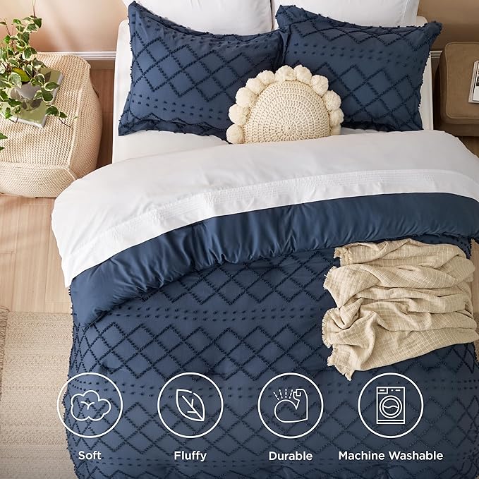 Bedsure Oversized King Comforter Set - Navy Blue Comforter, Boho Tufted Shabby Chic Bedding, 3 Pieces Vintage Farmhouse Bed Set for All Seasons, Fluffy Soft Bedding with 2 Pillow Shams