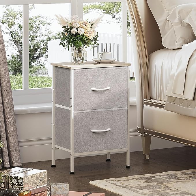 WLIVE Nightstand, Nightstand with 2 Drawers, Bedside Furniture, Night Stand, Small Dresser for Bedroom, College Dorm, End Table with Fabric Bins, Dormitory, Light Grey, Size L