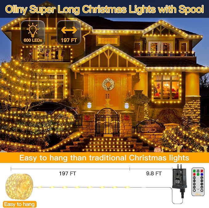 Ollny Christmas Lights Warm White, 600LED 197FT Christmas Tree Lights IP67 Waterproof, Plug in Fairy Lights with Remote 8 Modes Timer, Xmas Light for Outdoor Indoor House Holiday Decor