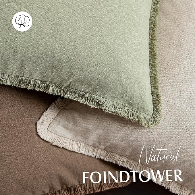 Foindtower Decorative Linen Fringe Throw Pillow Covers Cozy Boho Farmhouse Cushion Cover with Tassels Soft Accent Pillowcase for Chair Sofa Bed Living Room Home Decor, 26×26 Inch, 1PC,Light Sage Green