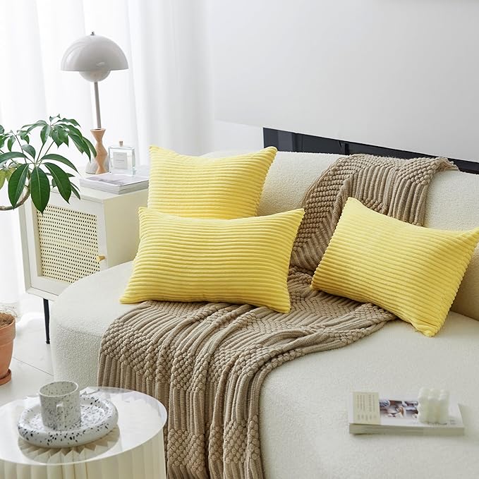Home Brilliant Yellow Fall Pillow Cover 18x18 Yellow Decoration Striped Velvet Corduroy Decorative Throw Pillowcase Throw Pillow for Bed Sofa Winter Decor, Sundress, (45x45 cm, 18inch)
