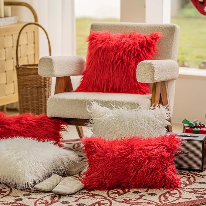 Home Brilliant Pillow Covers 18x18 Faux Fur Throw Pillow Covers Wedding Christmas Decorative Pillow Cases Red Cushion Covers Set of 2, 45cm x 45cm, Red