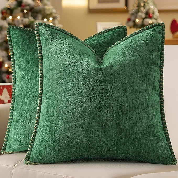 decorUhome Christmas Chenille Soft Throw Pillow Covers 26x26 Set of 2, Farmhouse Velvet Neutral Decorative Euro Pillow Covers with Stitched Edge for Couch Sofa Bed Home Decor, Green