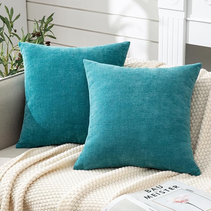 GAWAMAY Decorative Chenille Throw Pillow Covers 26x26 Inch Pack of 2, Soft Square Couch Pillow Cover for Sofa Cushion Living Room Bedroom Solid Dyed Oversized Pillowcases Teal 66x66cm (ONLY Covers)