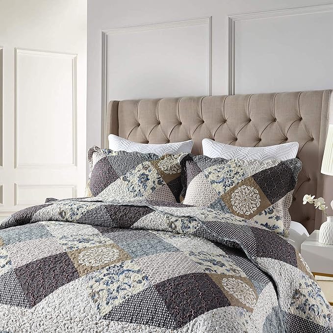 Travan 3-Piece Queen Quilt Set Quilted Bedspread Oversized Microfiber Lightweight Coverlet Set with Shams Reversible Printed Coverlet Bedding Set for All Season, Slate Blue, Queen Size