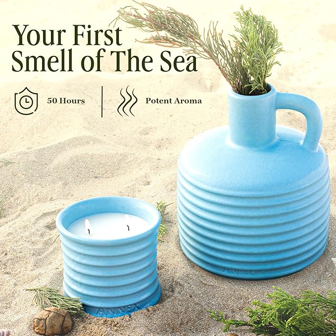 Scented Luxury Candles in Handmade Ceramic Jars, Soy Wax | Day On The Sea – Cypress & Cedar, Large Candle | Non Toxic, 2 Wicks, Reusable Big Blue Jar | Natural Spring Aromatherapy for Women & Men