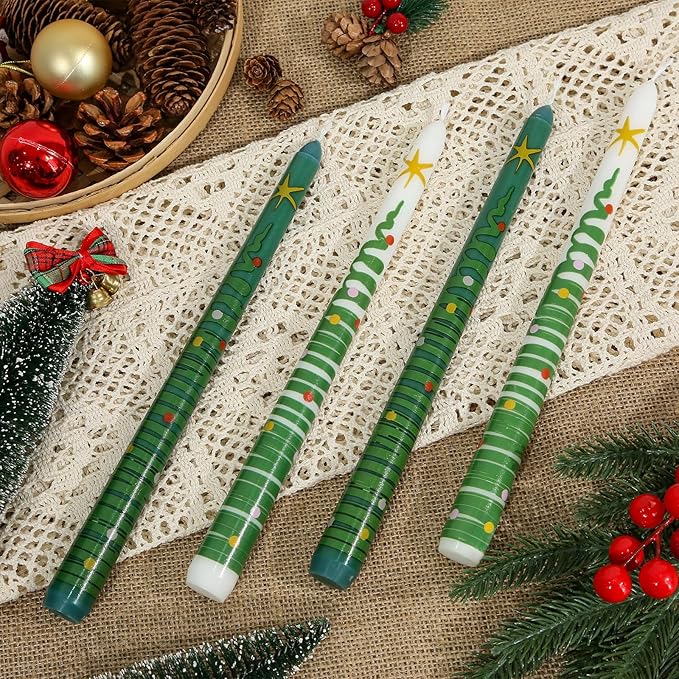 2 Pack Christmas Taper Candles, 10 Inch Unscented White Candlesticks with Christmas Tree Print Design for Holiday Table Decor, Fireplace Mantel, Advent Wreaths, Winter Weddings, Seasonal Display