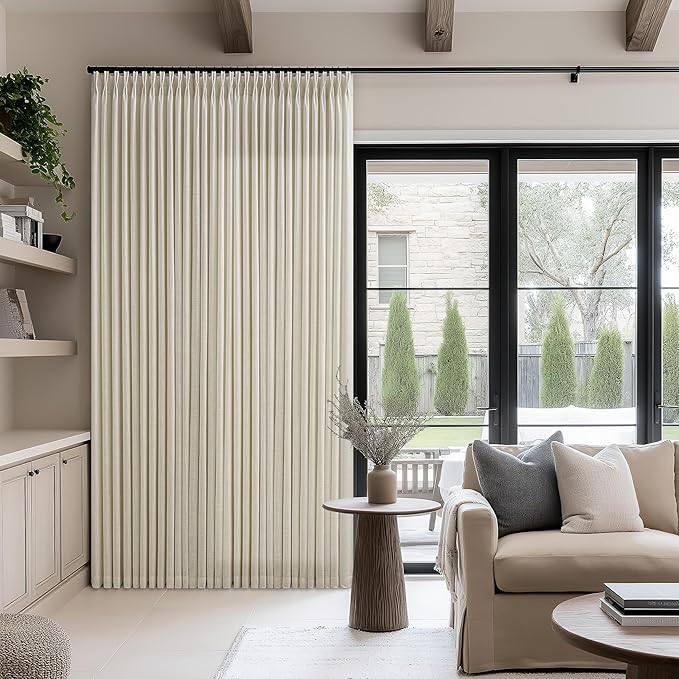 100 Inch Wide Pinch Pleated Extra Wide Curtain Panels 90 Inches Long for Patio Sliding Glass Door Hooks Rings Semi Sheer Beige Linen Privacy 90 Inch Length for Living Room 100x90 1 Panel Oatmeal